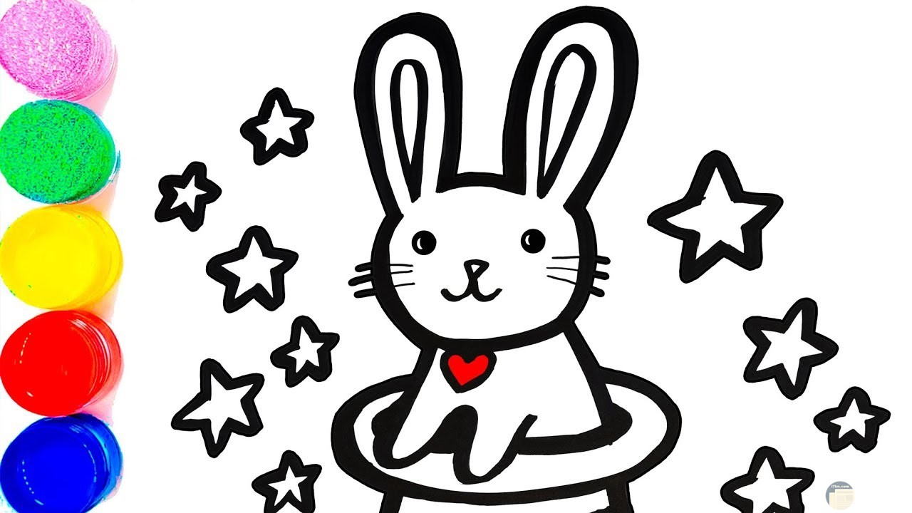 صورة جميلة لأرنب سعيد حوله نجوم للتلوين للأطفال