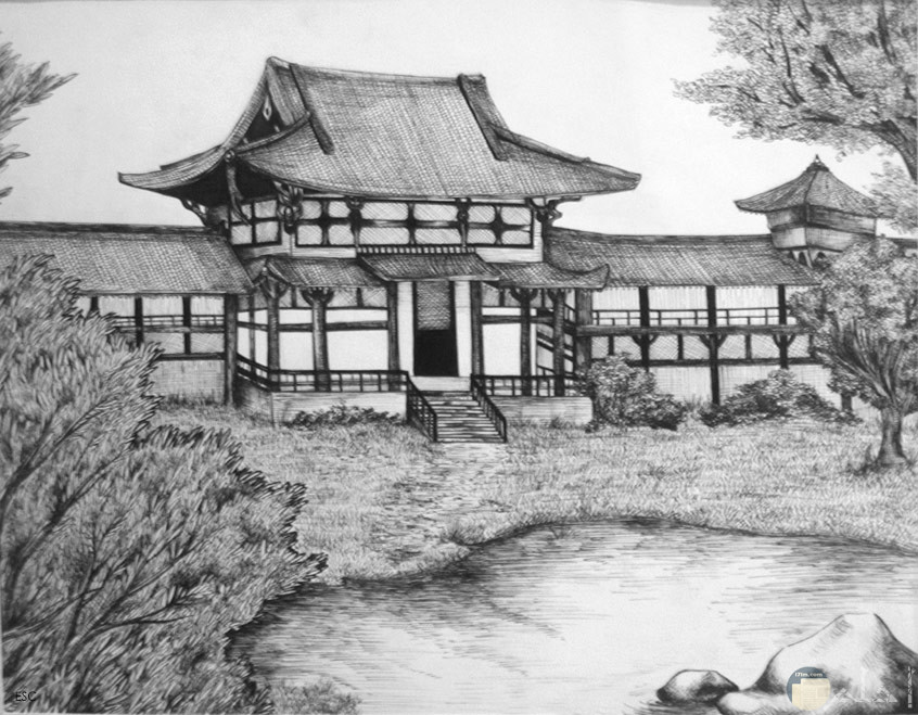 صورة رسمة بالرصاص لبيت ياباني قديم