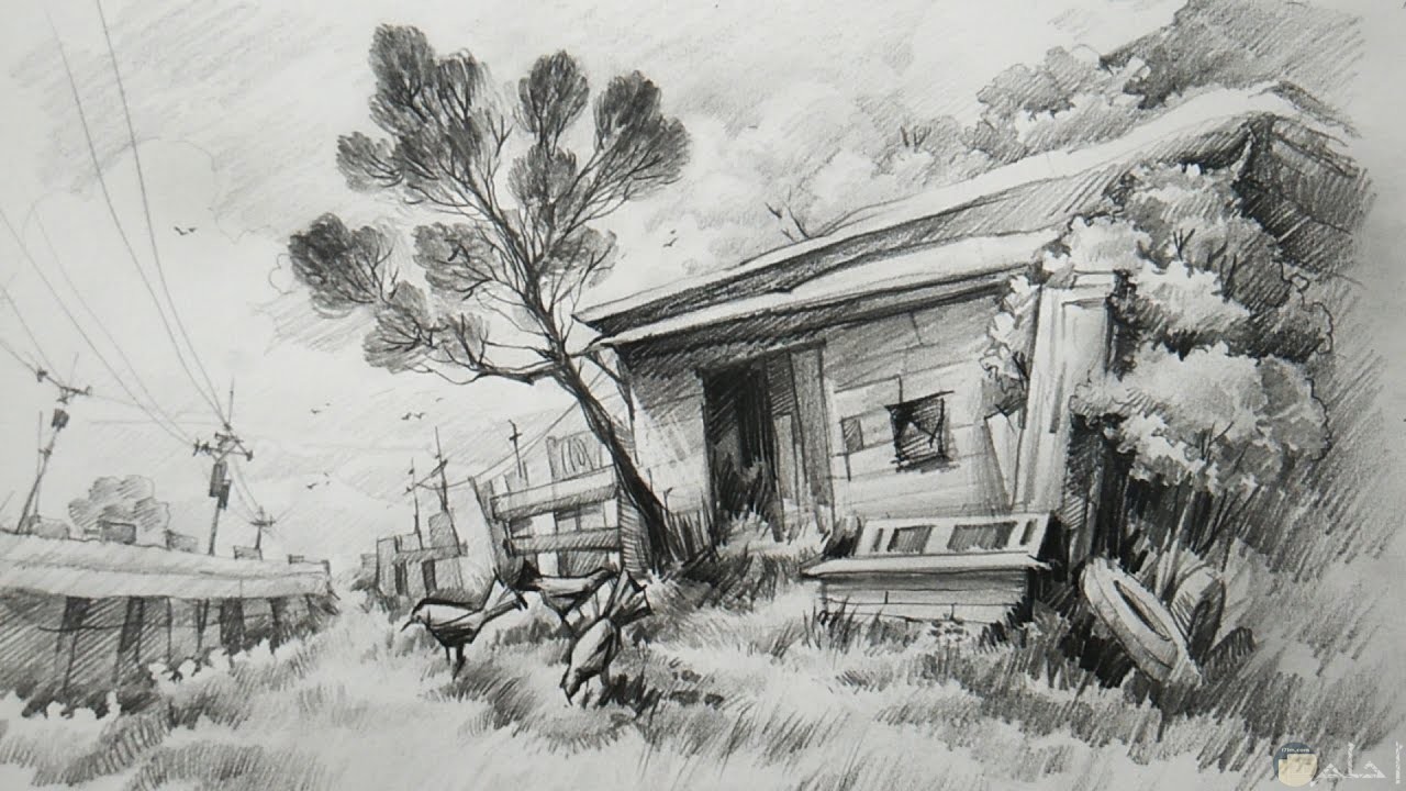 صورة رسمة بالرصاص لبيت قديم حوله اشجار