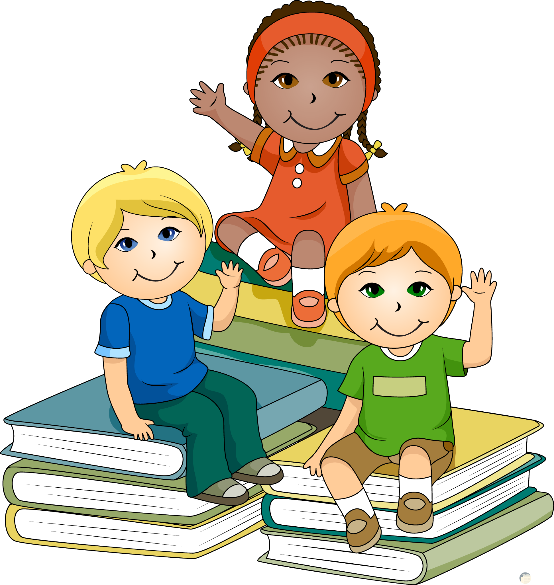 مجموعة من الاطفال بالكرتون يتصفخون الكتب
