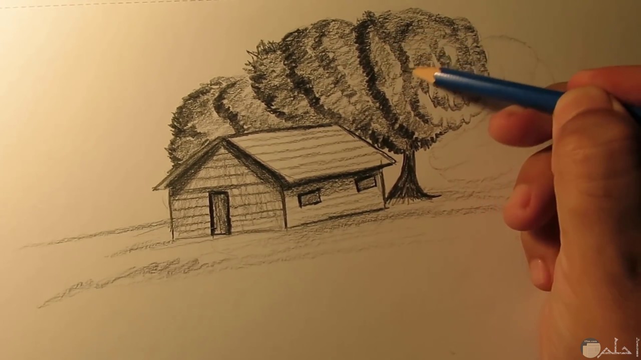 رسم البيوت والاشجار بالرصاص