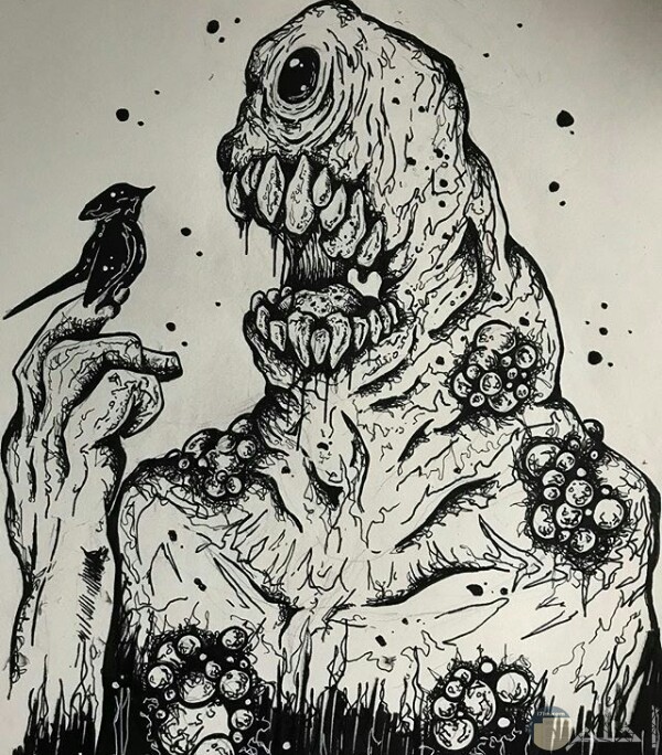 صورة رسمة مخيفة لأحد الرسامين عبارة عن كائن ضخم مرعب بجسم غريب يحمل عصفور علي يديه