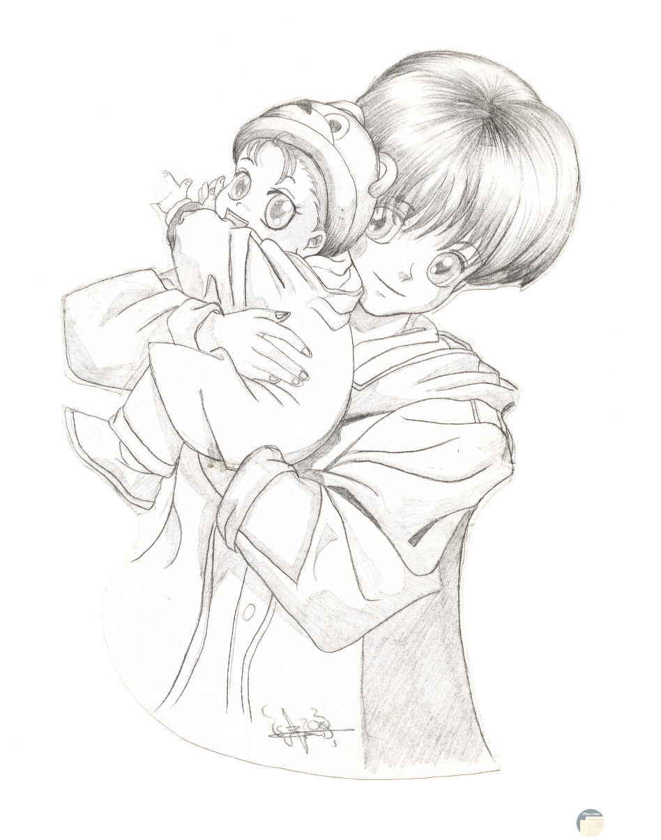 رسم لأنمي و لد يحمل طفل صغير جميلة معبرة عن حب الأخ لأخيه.