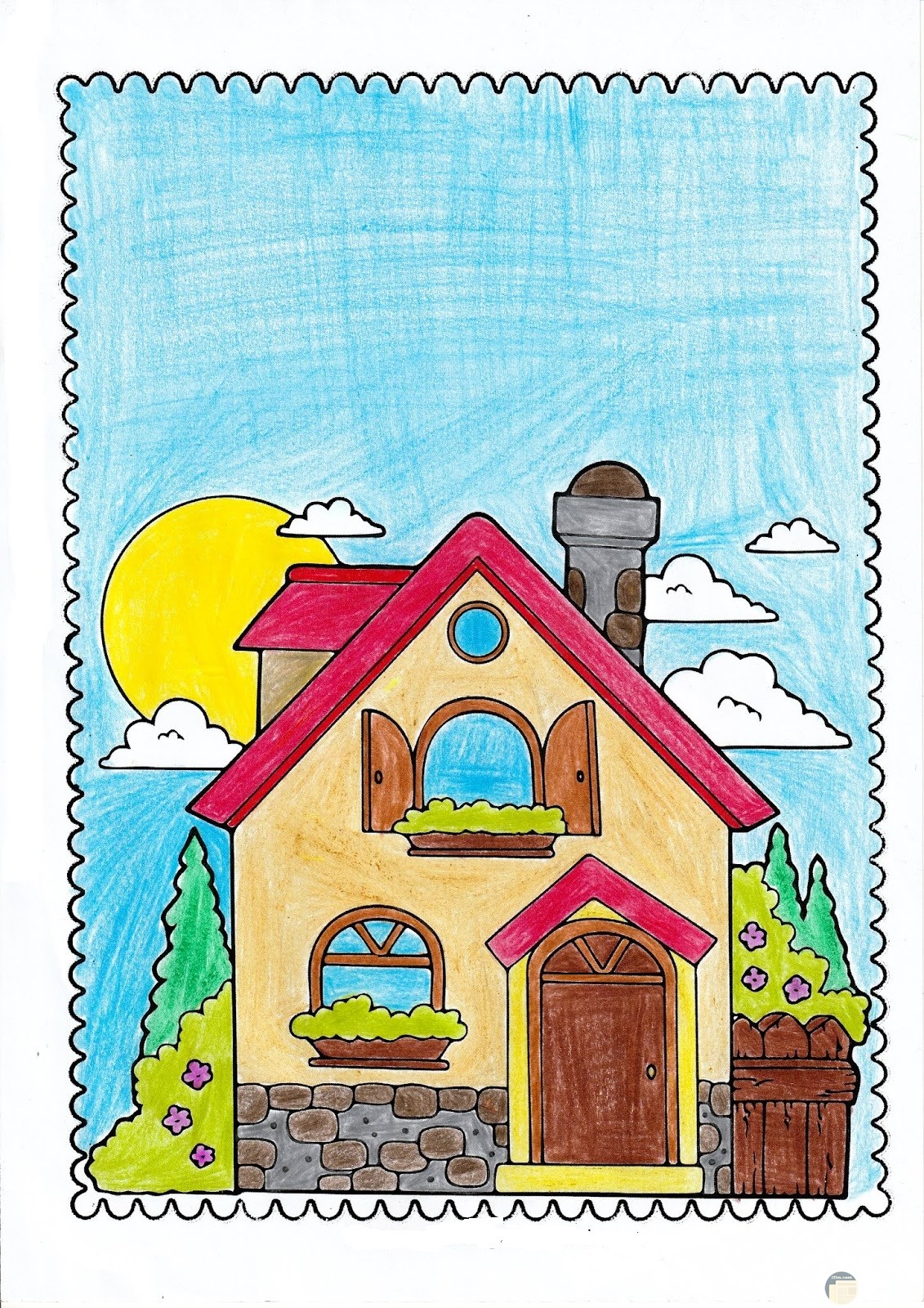 رسمة منزل ملون مع سماء صافية.
