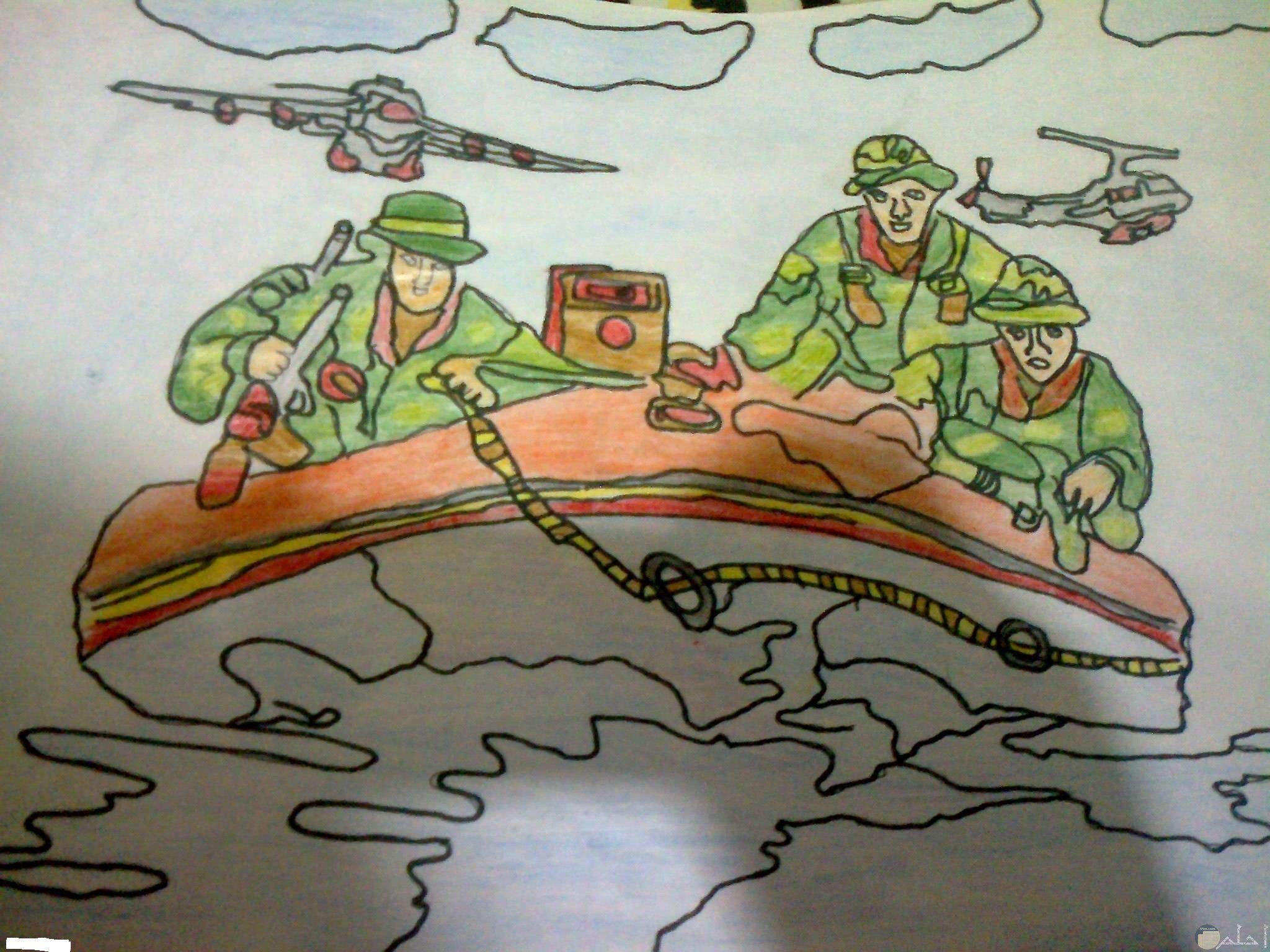 رسمة ملونة لجنود يركبون قارب و يعبرون به القناة و الطائرات تحلق فوقهم.