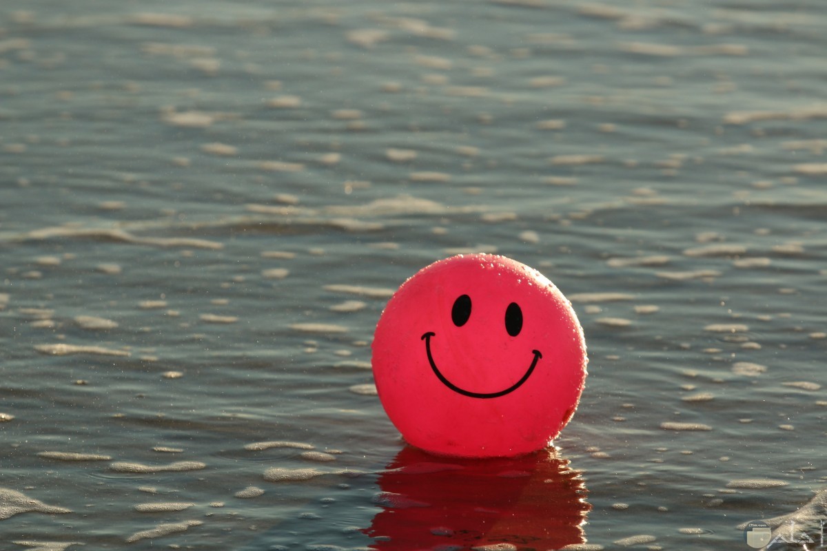كرة حمراء تطفو على مياة البحر و مرسوم عليها وجه مبتسم.