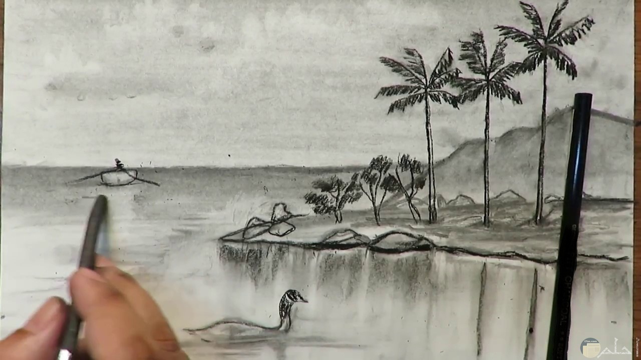 صورة رسم يدوى للمياة و تحيطها الاشجار.