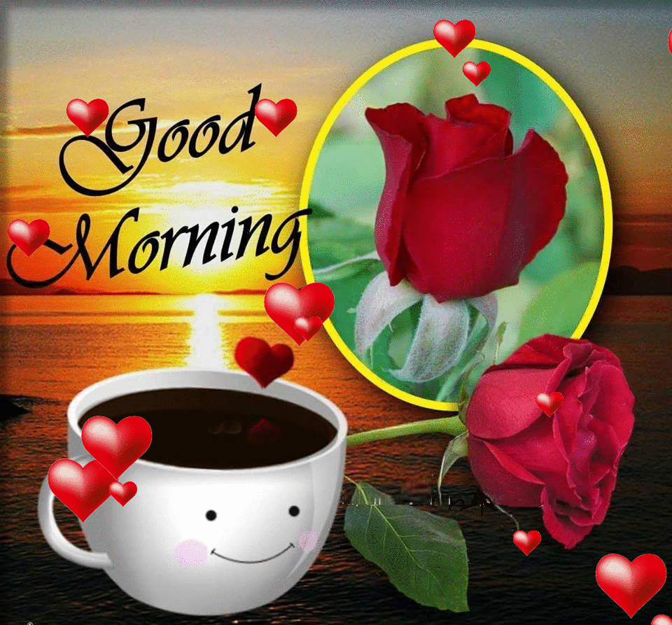 صورة صباح الخير متحركة من القهوة و الورد.