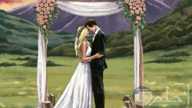 صورة رومانسية لعروسين داخل حديقة.