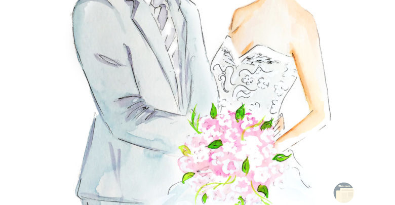 رسمة لعروسين مع بوكيه ورد روعة.