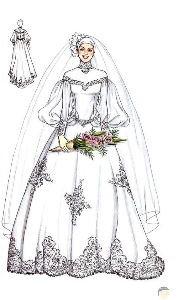فستان زفاف للمحجبات مطرز و له أكمام مميزة الشكل.