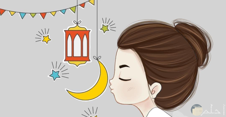 رسم لبنت مع رمزيات رمضان و عبارة أول رمضان مع خطيبي.