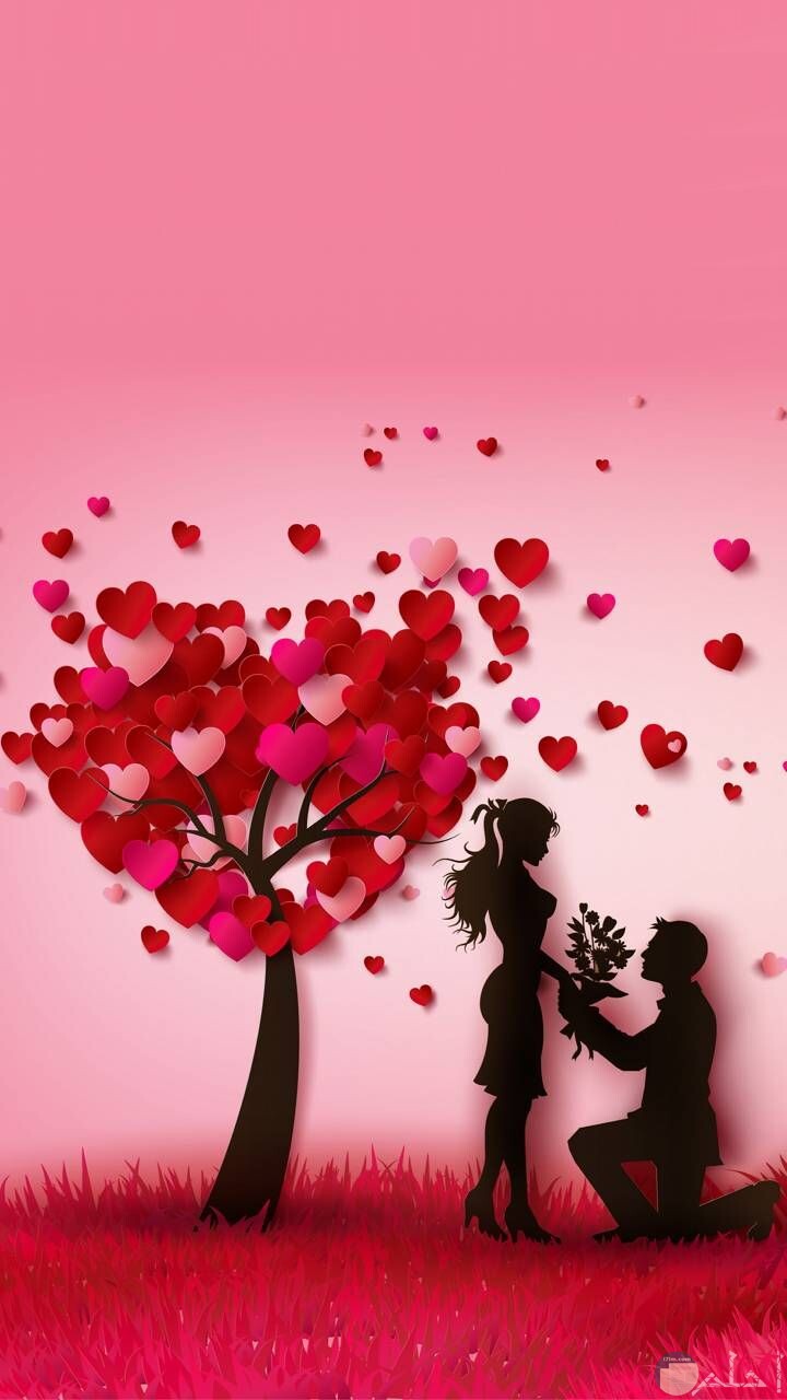 رسمة رومانسية للعشاق شجرة أوراقها قلوب حمراء.