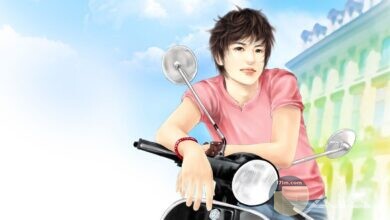 رسمة شاب كول مع دراجة نارية.