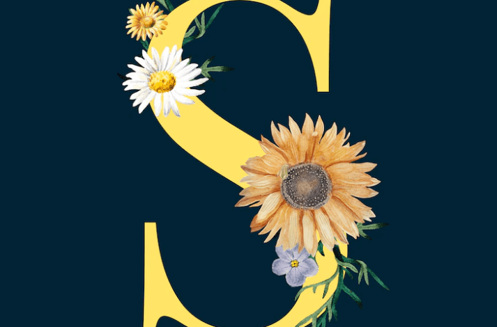 صورة حرف S باللون الاصفر مع الزهور وخلفية غامقة