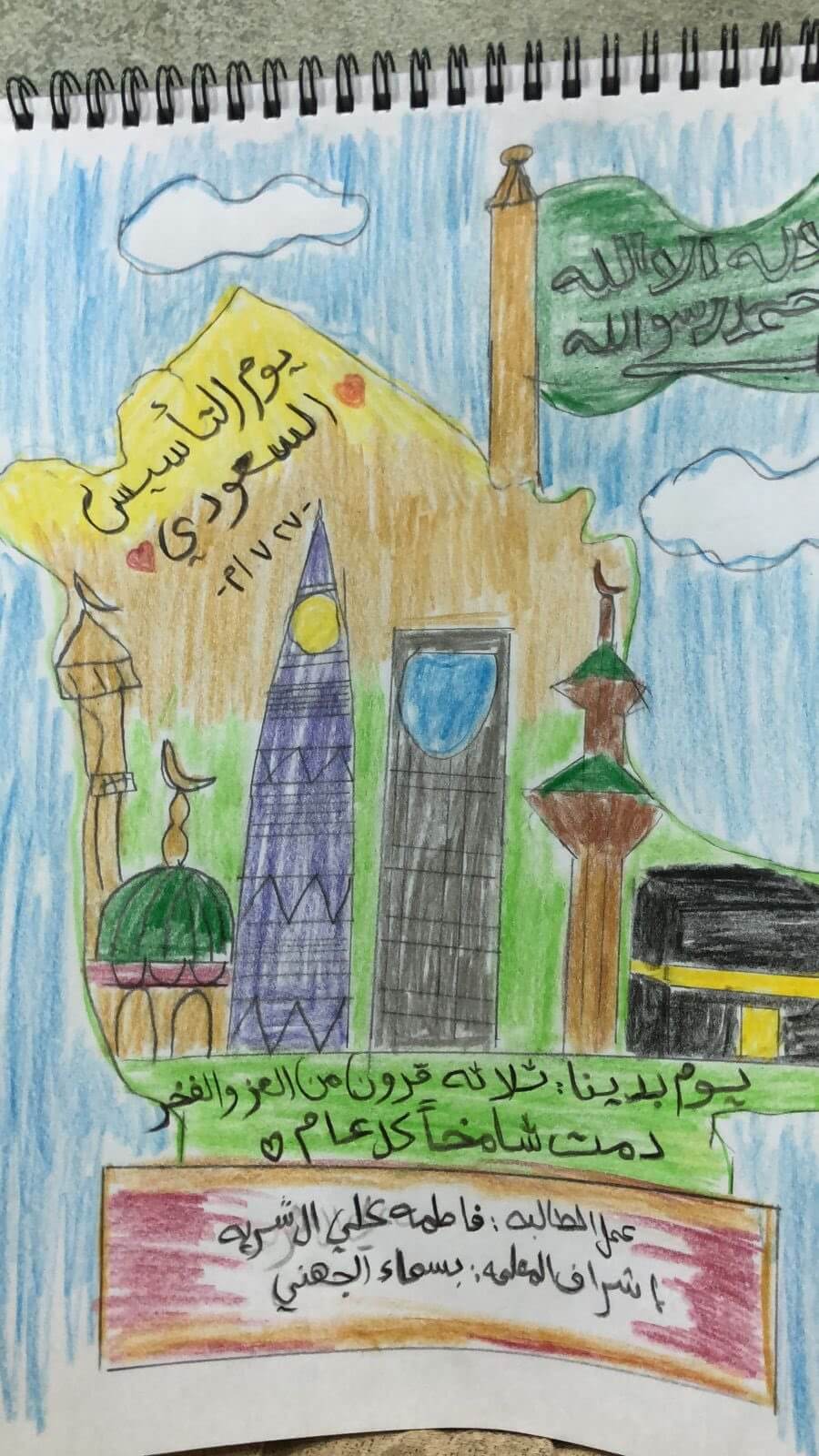 رسمه رائعة جدًا عن يوم التأسيس السعودي فيه اجمل ما يوجد في المملكة من الكعبة المشرفة والمسجد النبوي