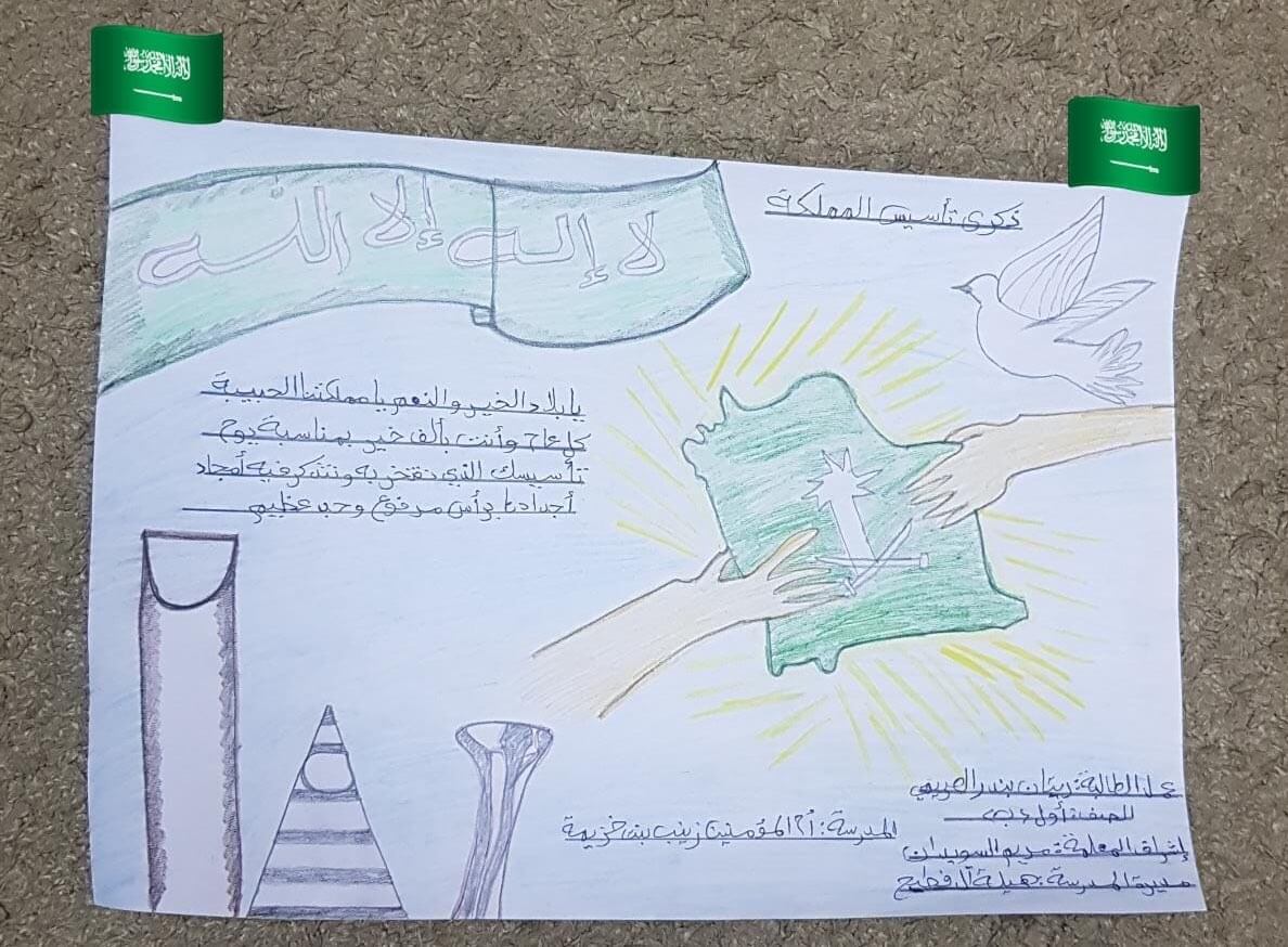 صورة جميلة فيها رسمه من طفل تعبر عن يوم التأسيس السعودي وفيها خريطة المملكة ويدين تحتضناها وكلمات معبره