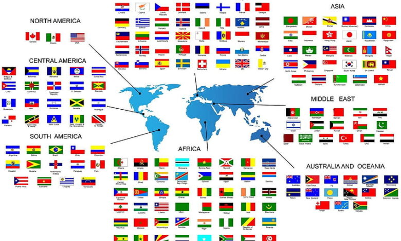 جميع أسماء الدول وقارات العالم في المنتصف