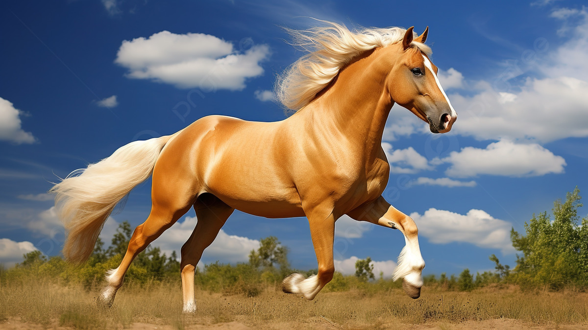 حصان جميل برتقالي اللون وشعره ذهبي 