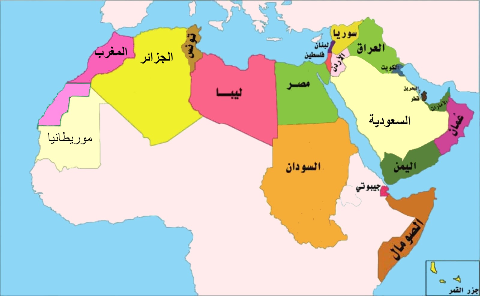 خريطة ملونة تجمع كل الدول العربية