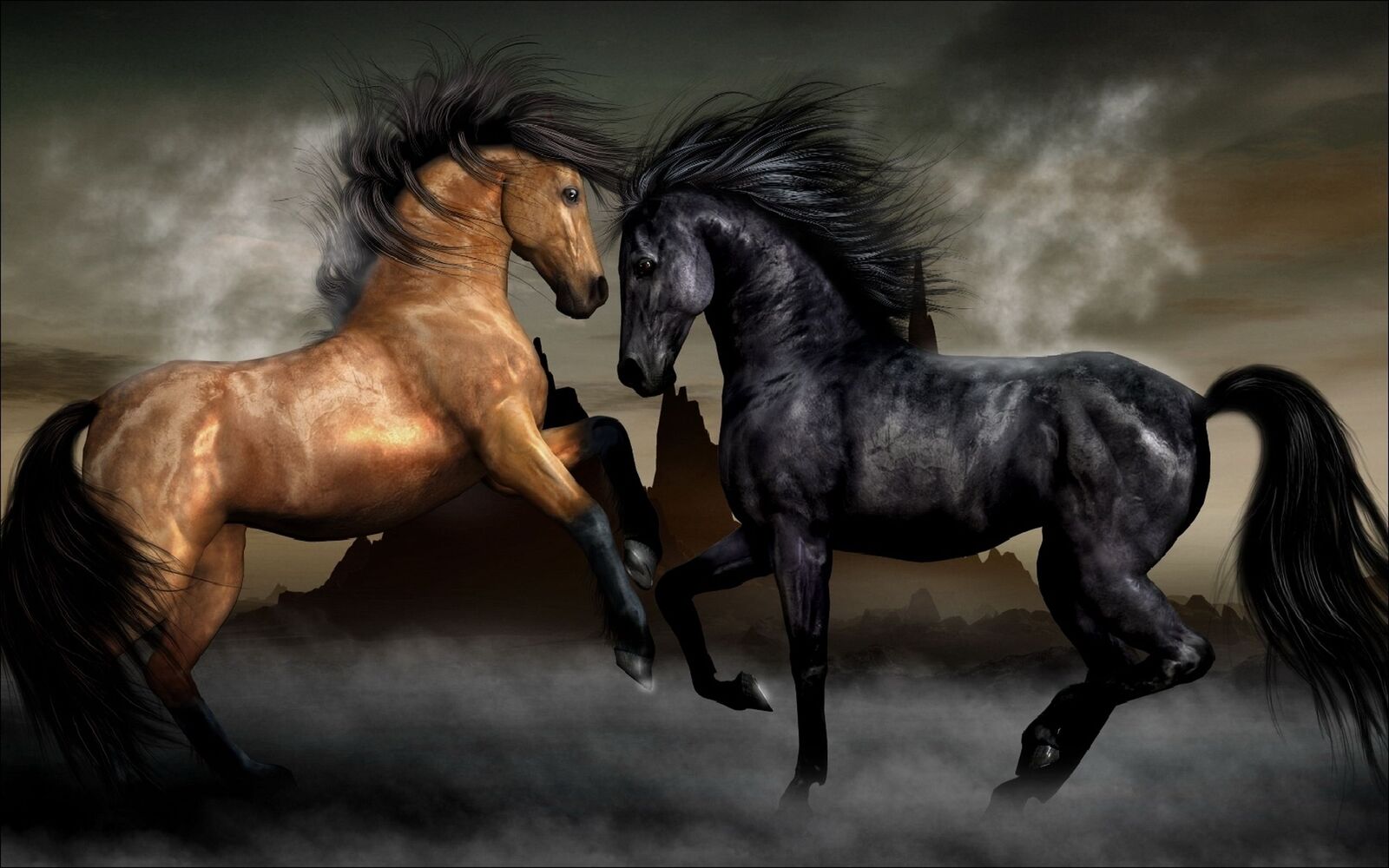 حصان بني وأسود يواجهان بعضهما