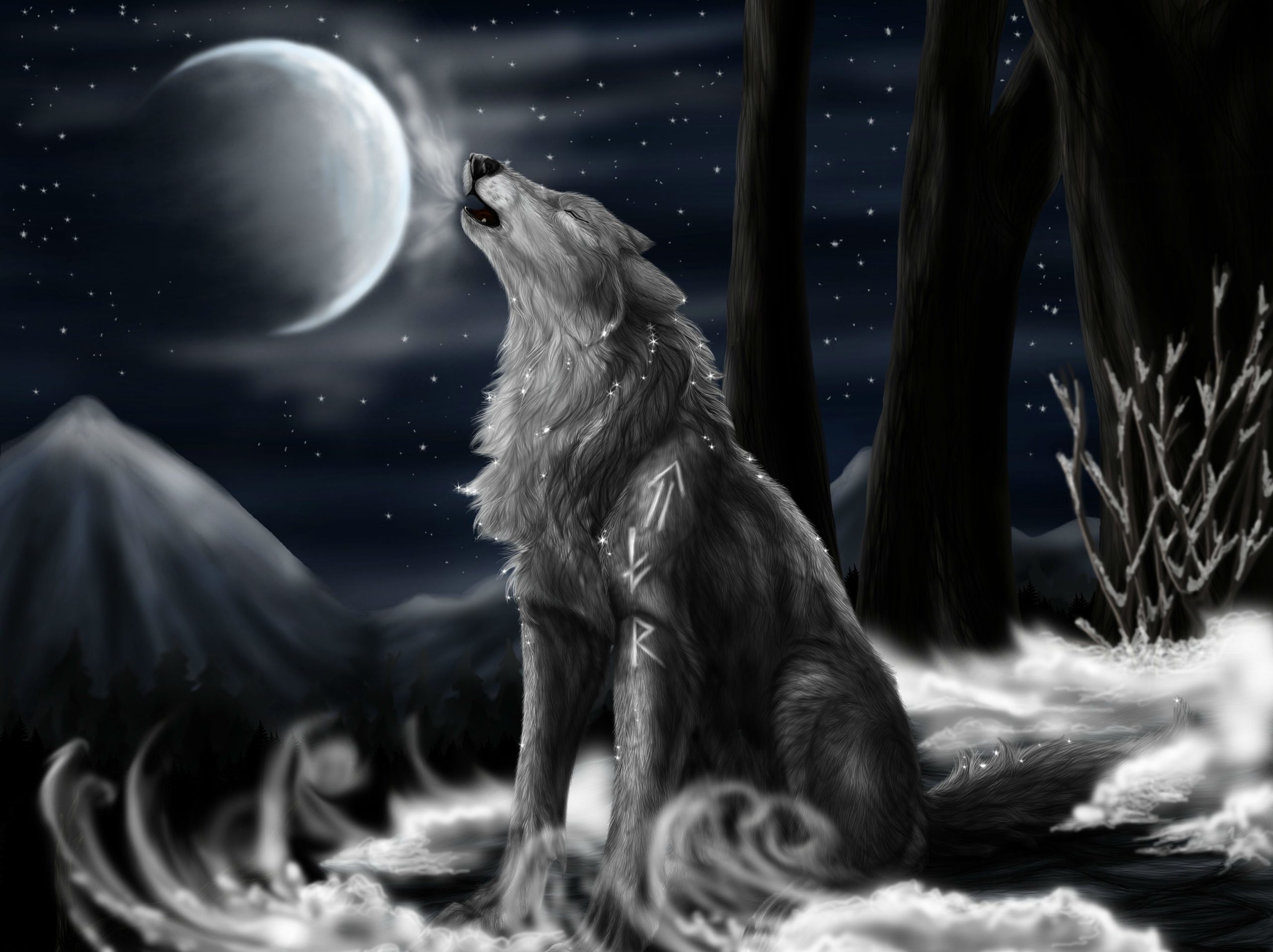 خلفية ذئب قوية يعوي تحت ضوء القمر