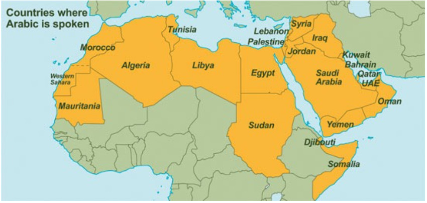 خريطة الوطن العربي مكتوبة باللغة الإنجليزية