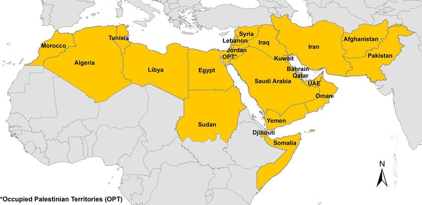 خريطة تضم دول الوطن العربي مكتوبة بالإنجليزية