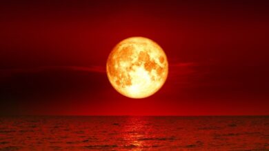 صورة القمر الأحمر ساطع علي مياه البحر