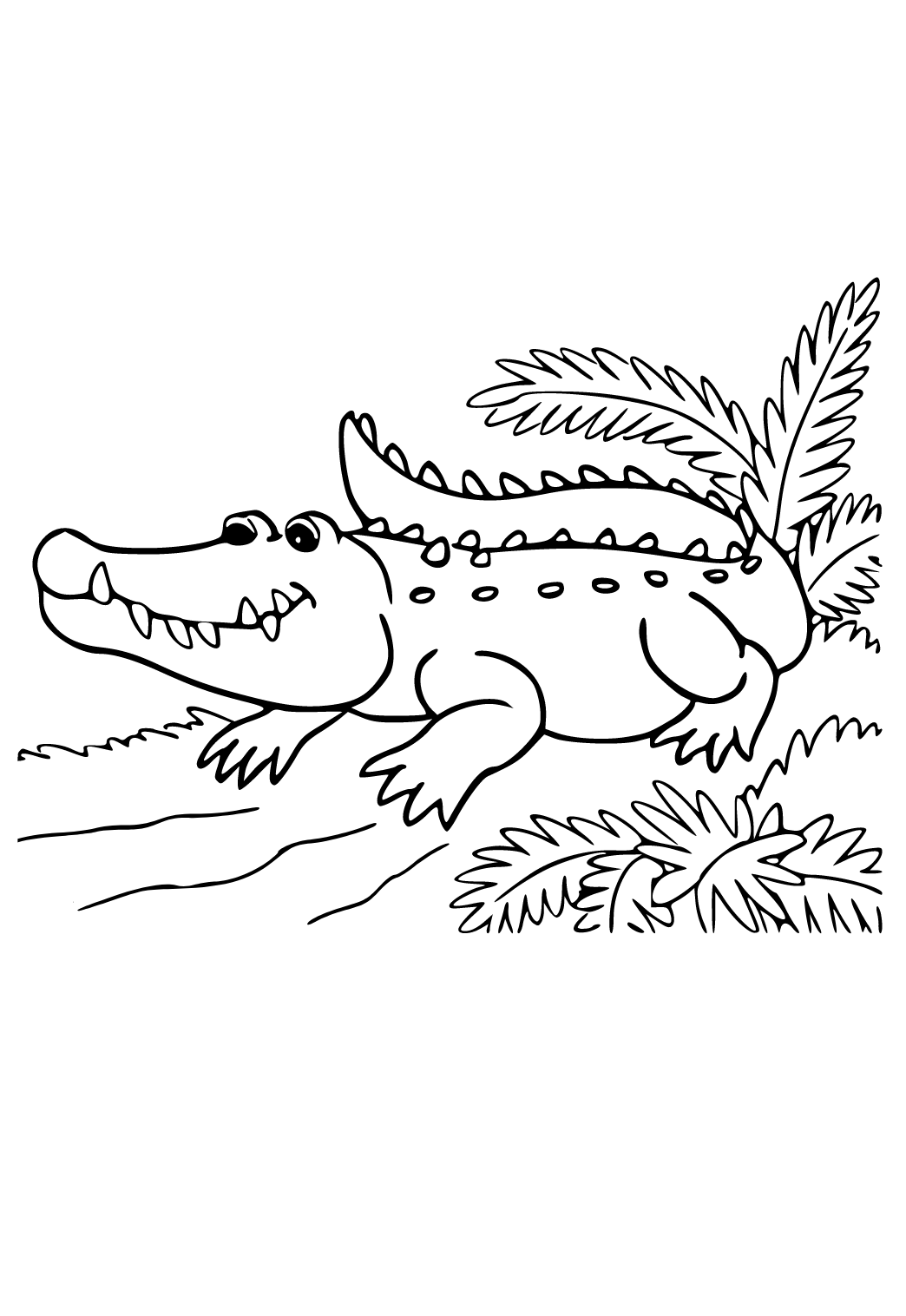 رسمة تمساح بين النباتات للتلوين