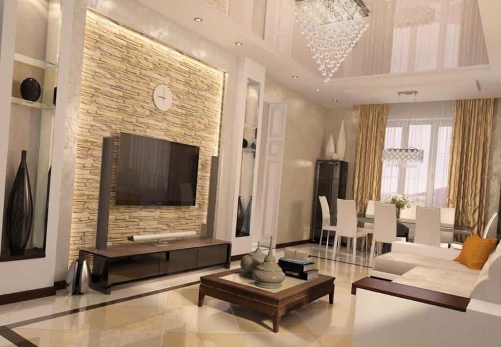 صالة كبيرة بها شاشة تلفاز وكراسي بيضاء وساعة حائط