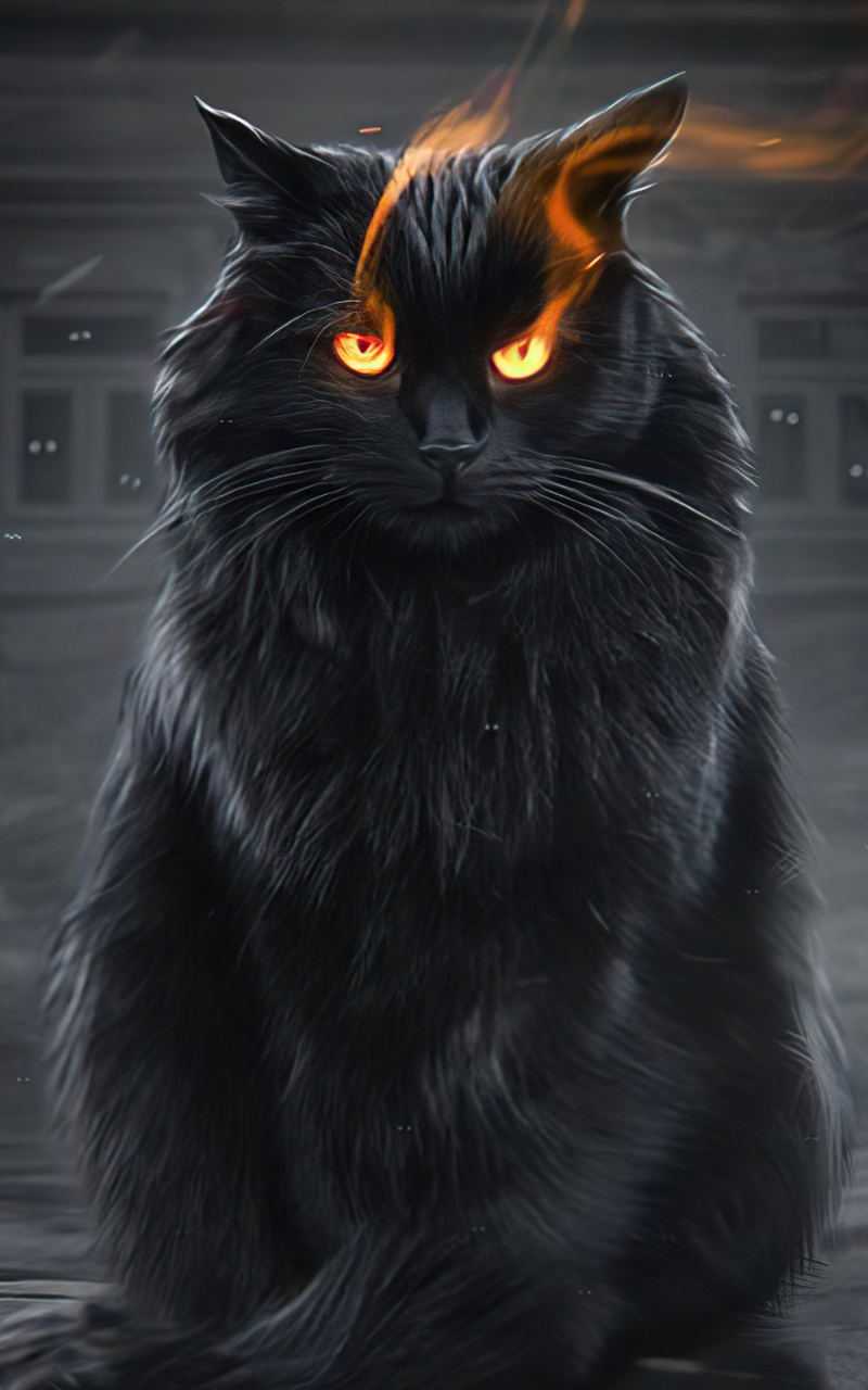 خلفية قطة سوداء يخرج النار من عينيها