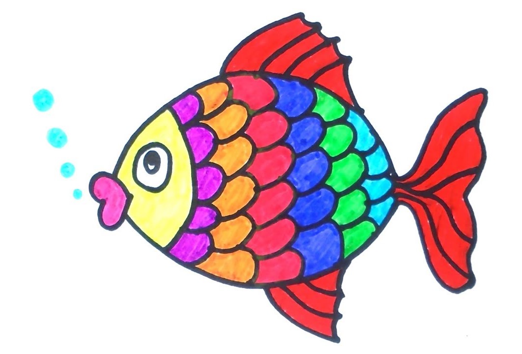 رسمة سمكة ملونة تخرج فقاقيع من فمها